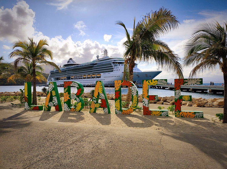 Bord van Labadee, palmbomen en cruiseschip aan de kade