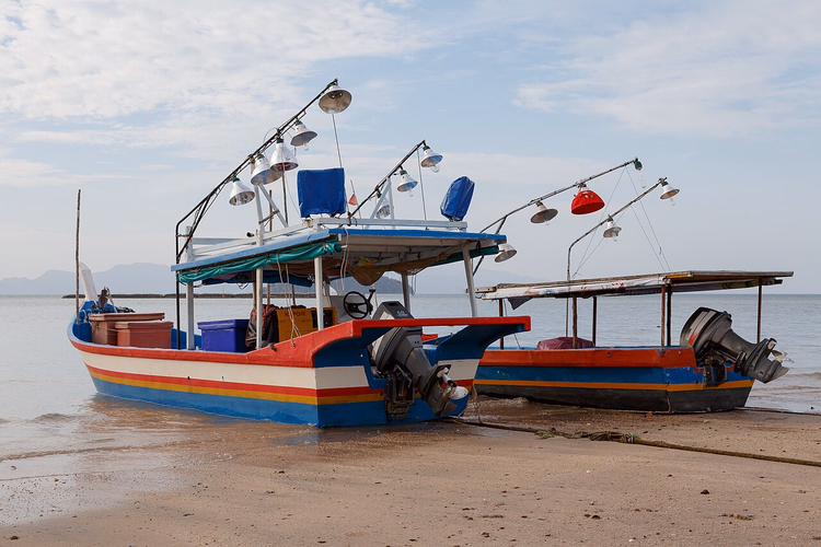 Vissersboten op donker strandzand