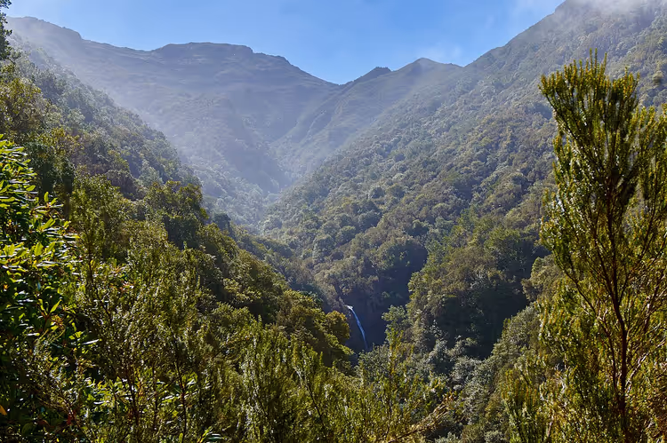 Grünes Bergtal mit Wasserfall, Madeira