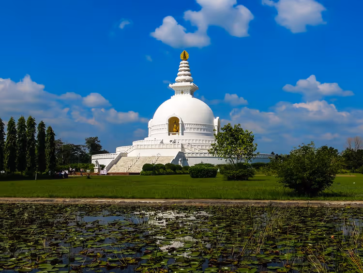Hvit fredspagode med gylden spir i Lumbini