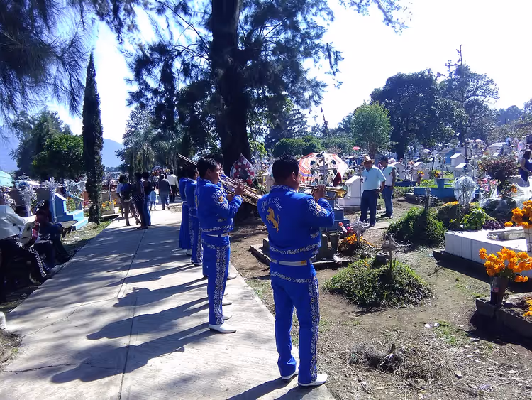 Ölüler Günü'nde bir Meksika mezarlığında mariachi