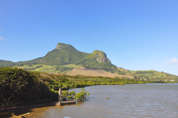 Groene berg boven een mangrovemiere in Mauritius