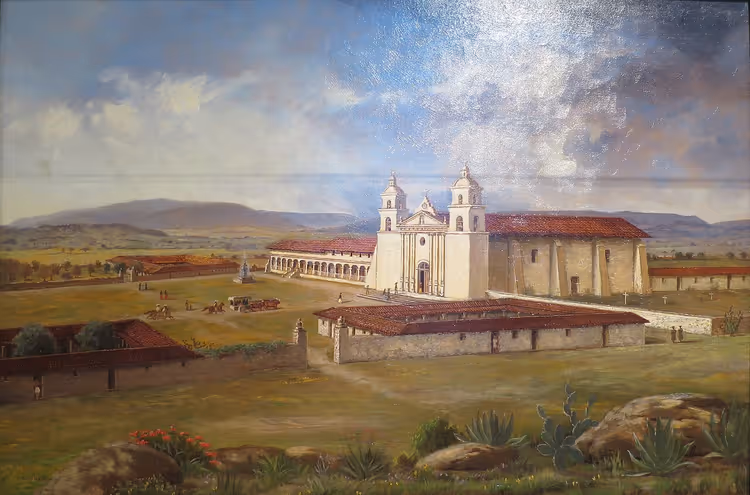 Et maleri av Mission Santa Barbara mot et landskap