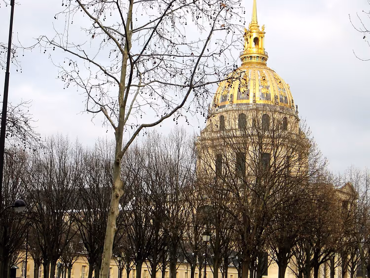 Ağaçların arasında Les Invalides'in Altın Kubbesi
