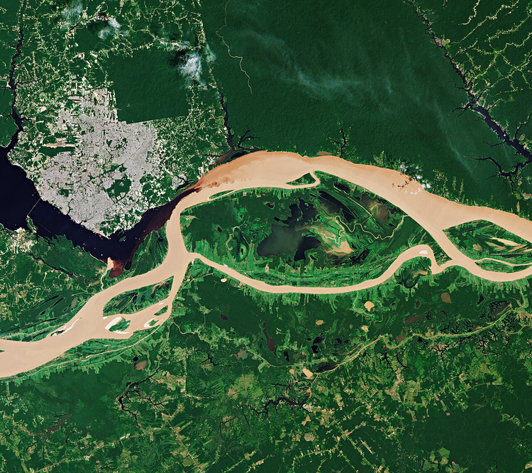 Uzaydan Manaus yakınlarında Rio Negro ve Amazon'un birleşimi