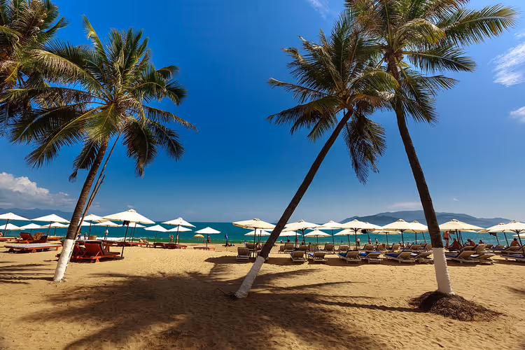 Strand von Nha Trang mit Palmen, Schirmen und Liegen