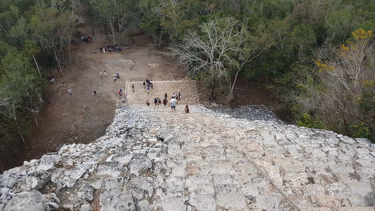 Ormanın ortasındaki Coba piramidinin taş merdivenleri