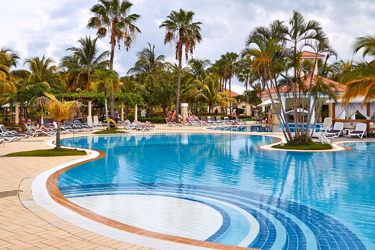 Bir tatil otelinde palmiyeler arasında havuz