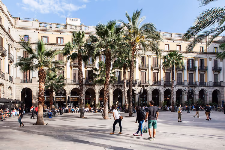 Barselona'da palmiyeler ve kemerlerle Plaça Reial