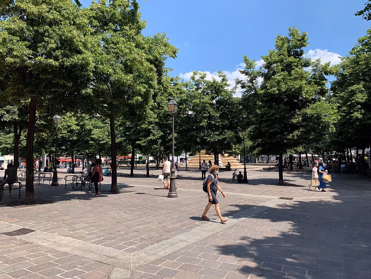 Plass med trær og fotgjengere i Paris