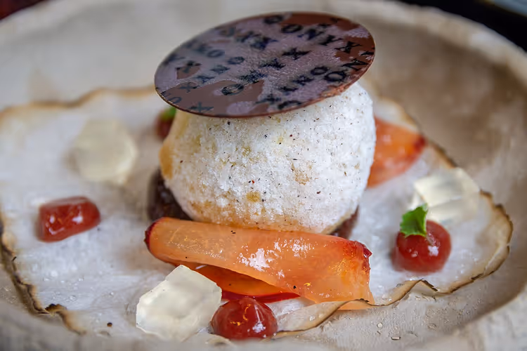 Dessert med ONYX sjokoladeplate og plomme
