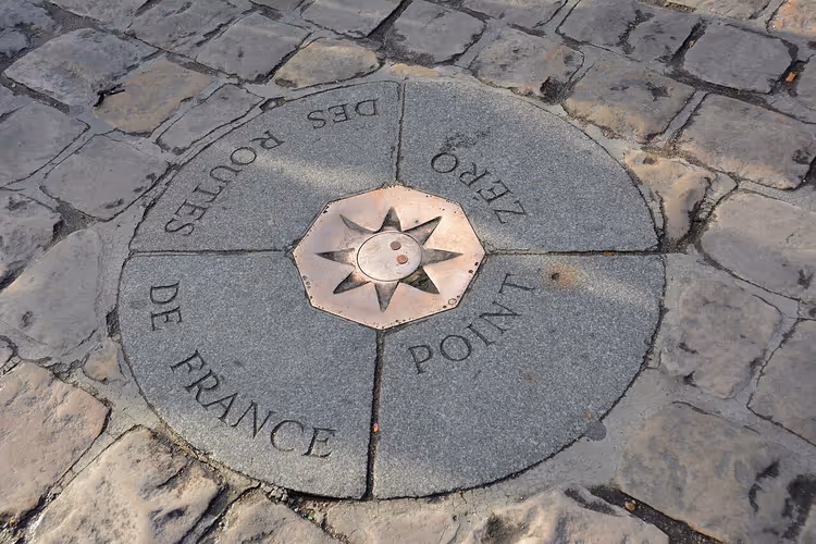 Kilometer Zero-marker op het trottoir bij een kathedraal in Parijs