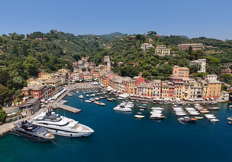 Yatlar ve renkli evlerle Portofino limanının panoraması