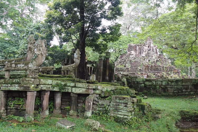 Preah Pithu-ruinene med søyler, tre og pyramide