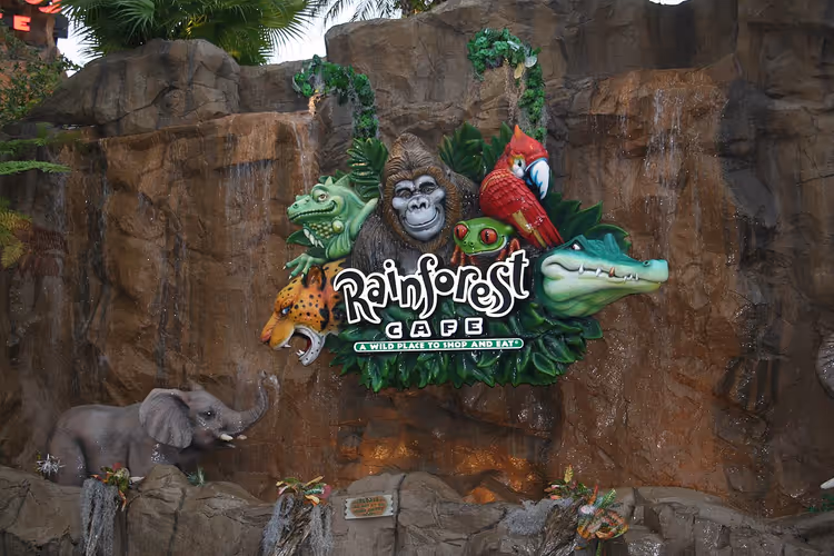 Rainforest Cafe-skilt på en stein med dyr