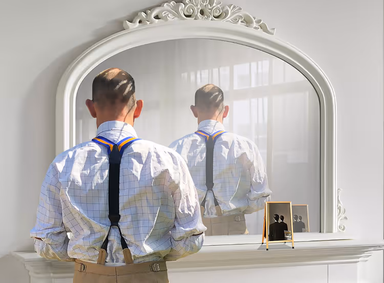 Mann med ryggen mot et speil, refleksjonen viser ryggen hans
