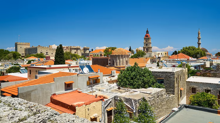 Rooftops of the Old Town of Rhodes with clock tower