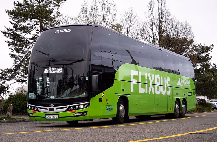 Grønn FlixBus-buss på en vei med trær langs siden
