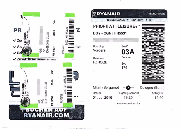 Ryanair-instapkaarten voor de vlucht Bergamo-Keulen