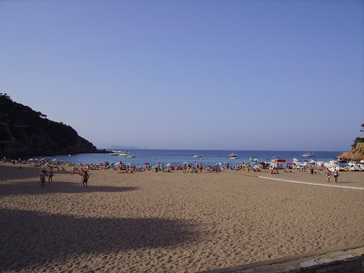 Plage de sable de Sa Riera dans une crique avec bateaux