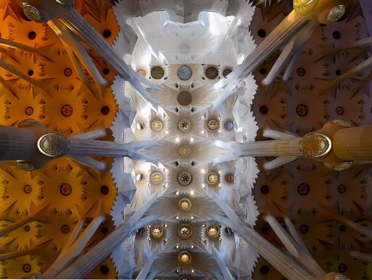 Sagrada Familia'nın orta nefinin tonozları ve sütunları