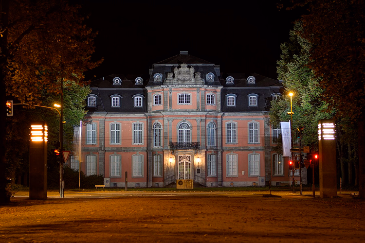 Rosa barokkslottet Jägerhof om natten