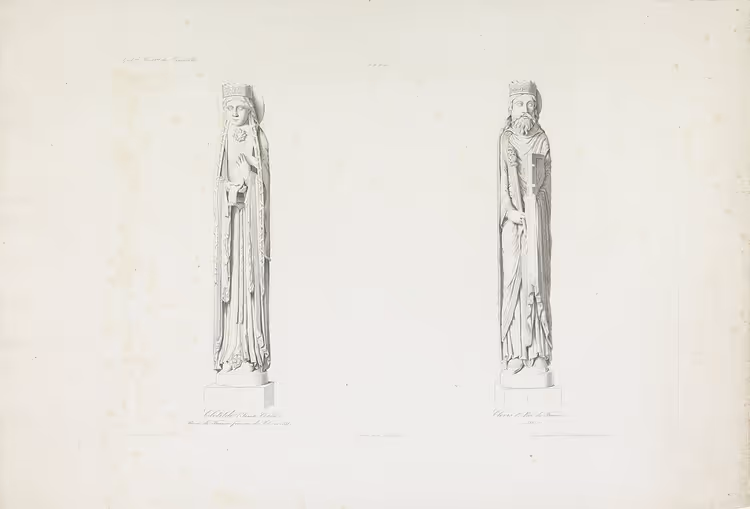 Gravure met standbeelden van Clovis I en Clotilde