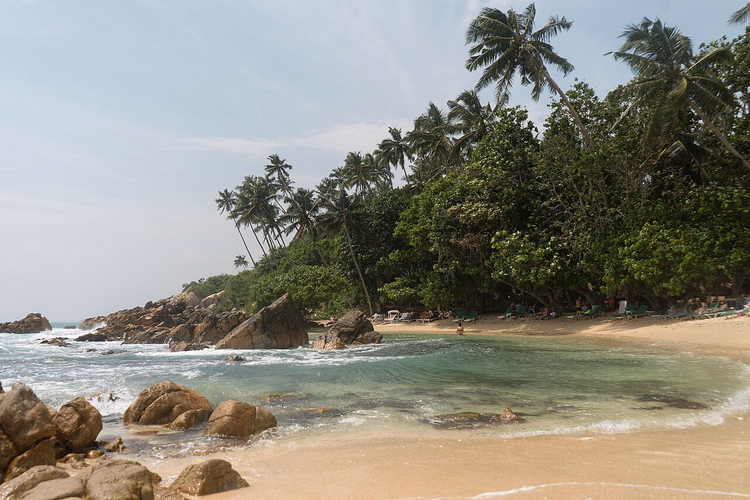 Bahía con rocas y palmeras en Mirissa