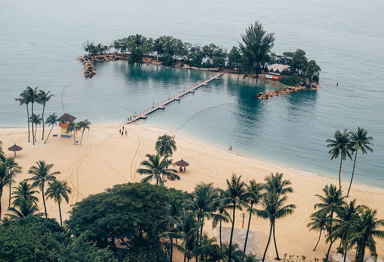 Strand auf Sentosa mit Palmen und einer Brücke zu einer kleinen Insel