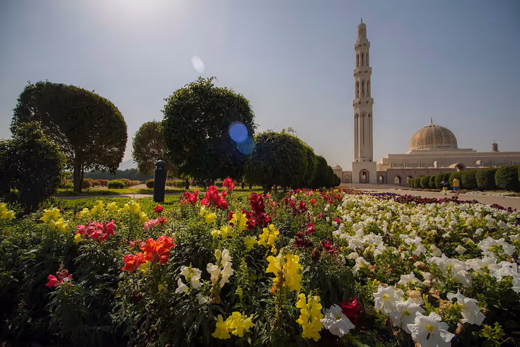 Moskee met minaret en koepel achter een bloeiende tuin