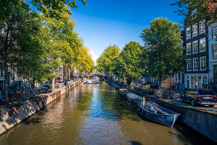 Sonnige Amsterdamer Gracht mit Booten und Bäumen