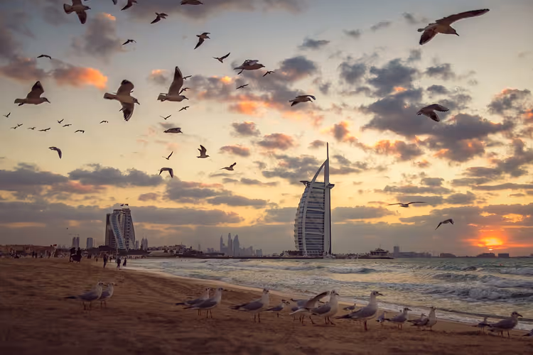 شاطئ جميرا مع برج العرب عند غروب الشمس