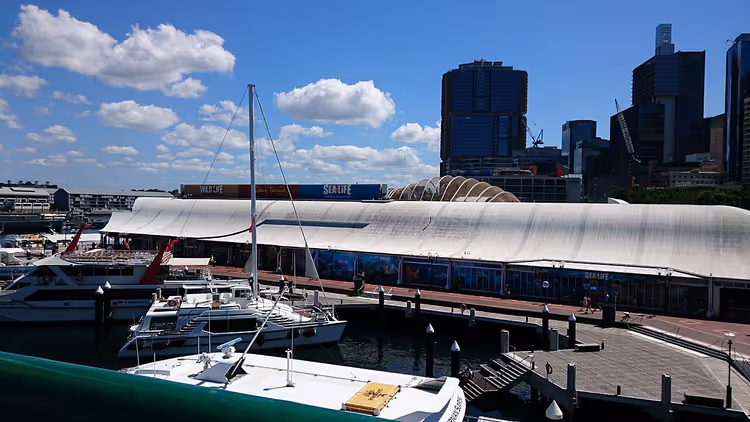 Båter ved Sydney Aquarium-bygningen i Darling Harbour