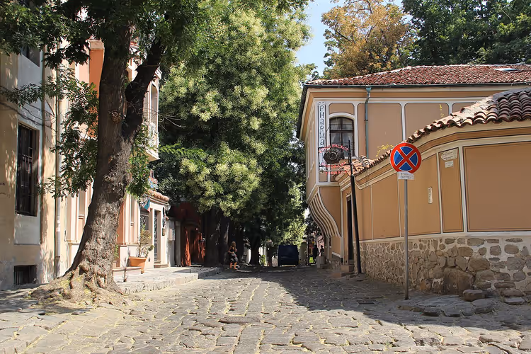 Oude straat in Plovdiv met bomen en huizen