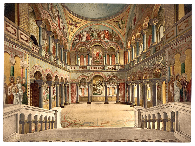 Troonzaal van Neuschwanstein op een vintage kleurenansichtkaart
