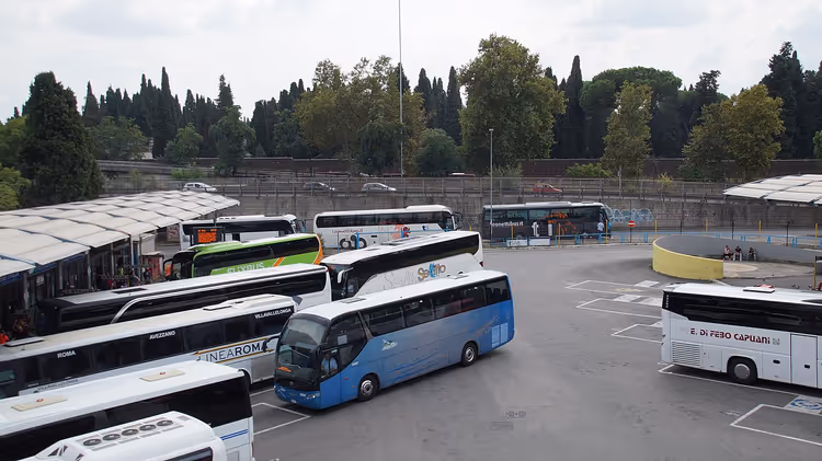 Barınaklı bir otobüs terminalinde çok sayıda otobüs