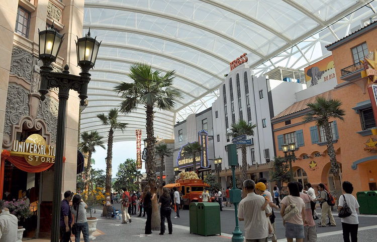 Hollywood Boulevard under en trerekke med palmer og butikker