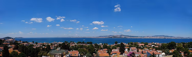 Panoramautsikt over en kystby med røde tak og havet
