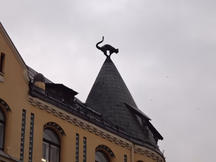 Svart katt på en takspir, Riga