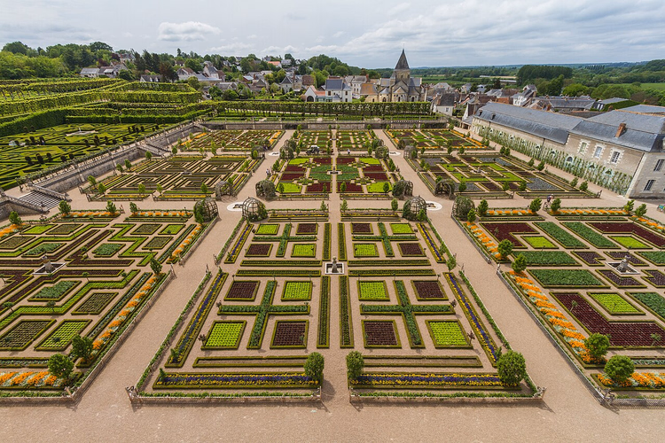 Jardim geométrico do Castelo de Villandry, vista aérea