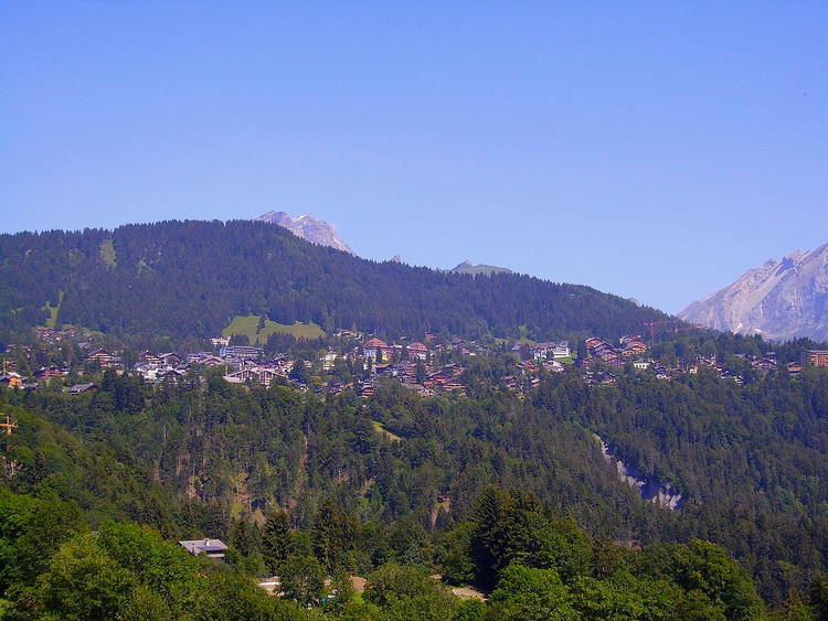 Villars-sur-Ollon op een beboste helling in de zomer