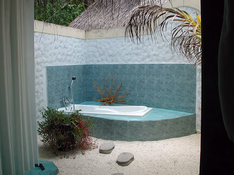 Blauw betegeld bad omringd door tropische planten