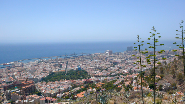 Panorama av Santa Cruz de Tenerife fra en ås over havet