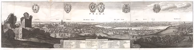 Старинная гравюра-панорама Праги с гербами
