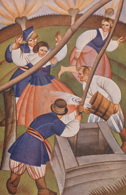 Vintage postcard: boys splashing girls with water at a well