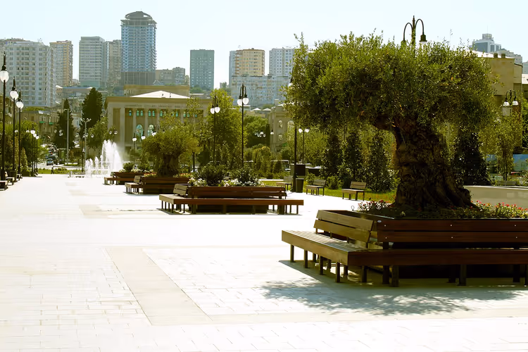 Boulevard di Baku con panchine in legno e una fontana