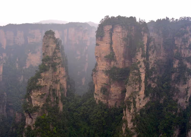 Sandsteinsäulen von Zhangjiajie im Morgennebel