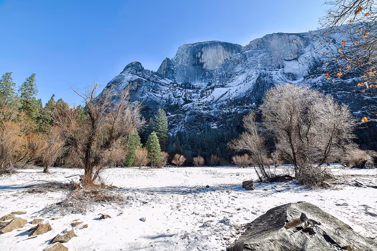 Kışın karla kaplı Yosemite Vadisi ve kayalıklar