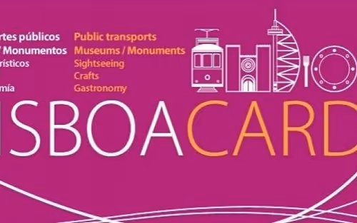 Bannière rose de la Lisboa Card avec icônes de tramway et liste des services