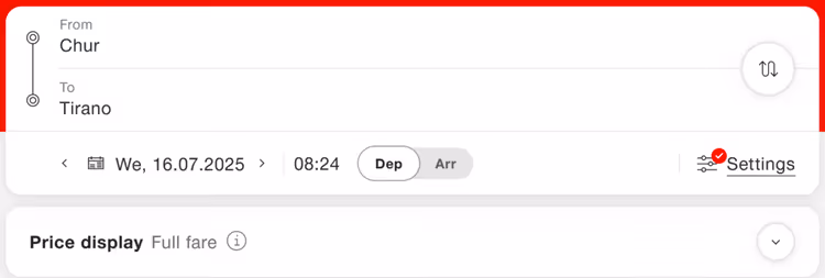 Screenshot der SBB-Suche mit ausgewähltem vollem Preis